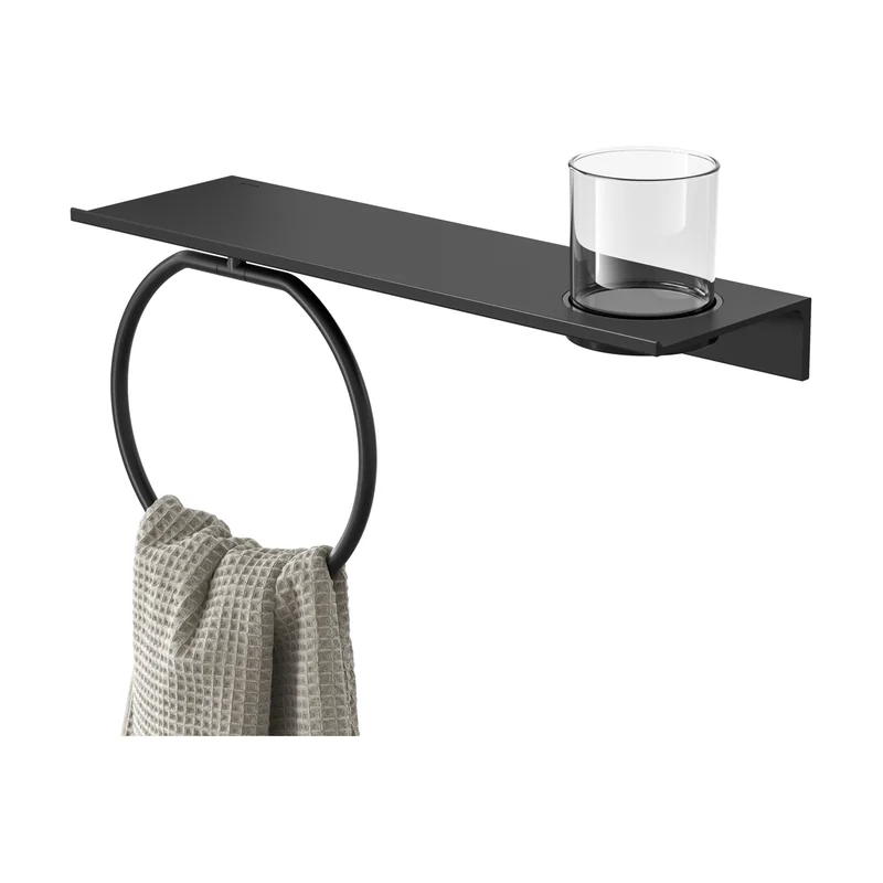 Leev Shelf 40 cm, Black, Brushed Steel Towel Ring