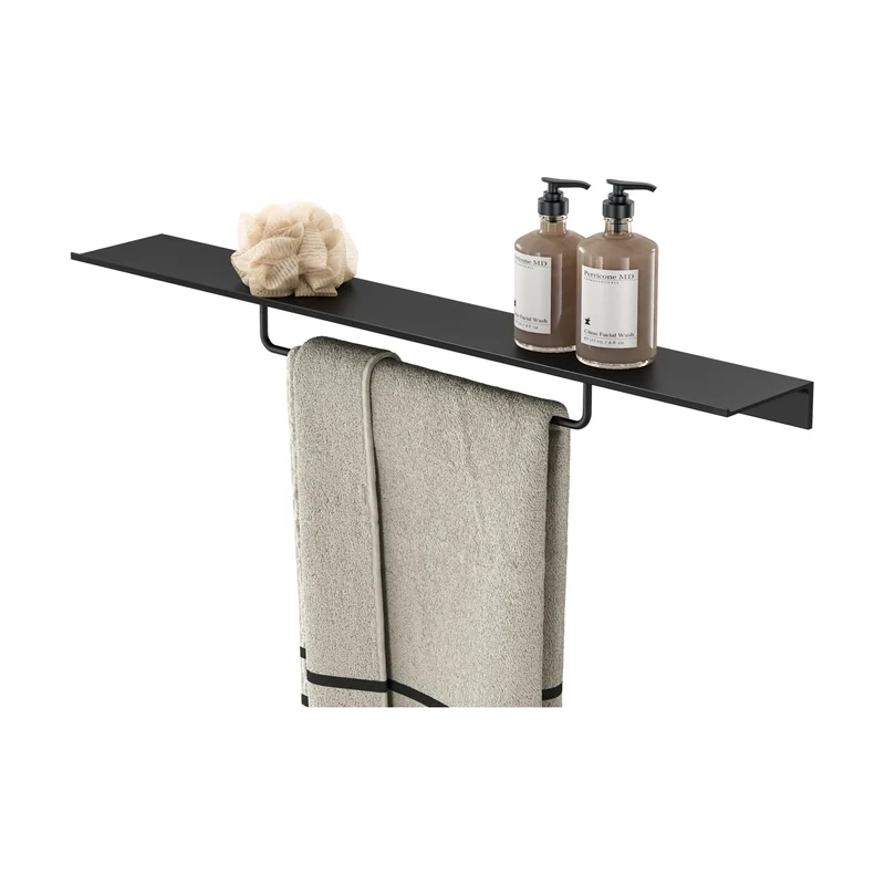 Leev Shelf 80 cm, Black, Brushed Steel Towel Rail