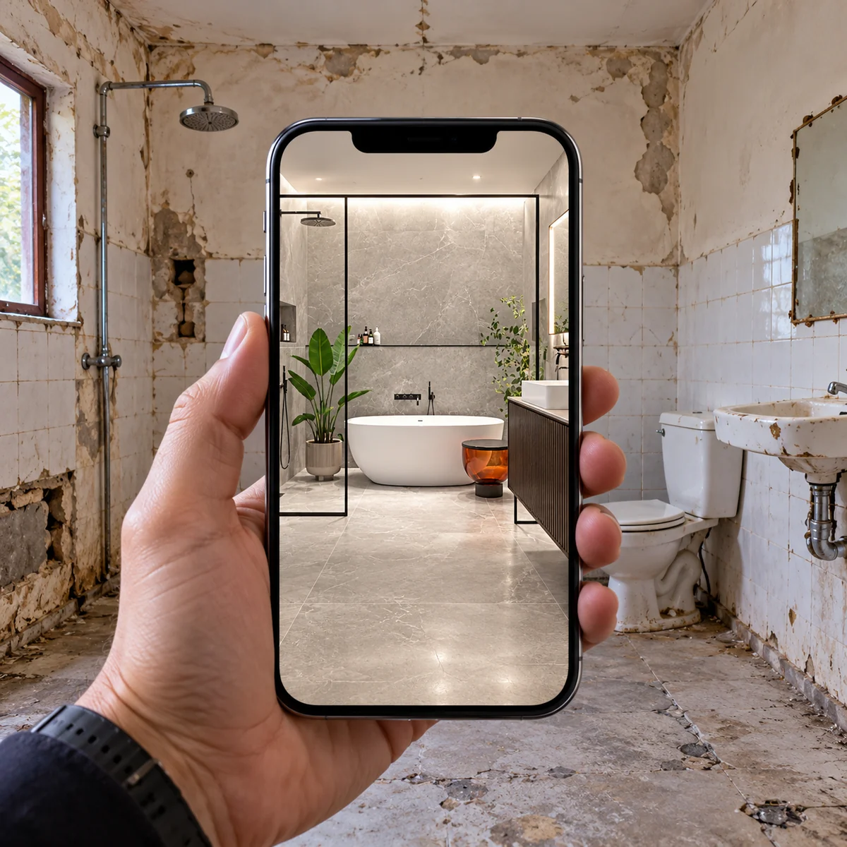 A phone showing a finished bathroom over the old room