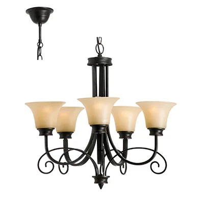5-arm chandelier, amber glass