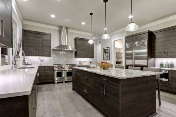 Marble kitchen top and gray floors