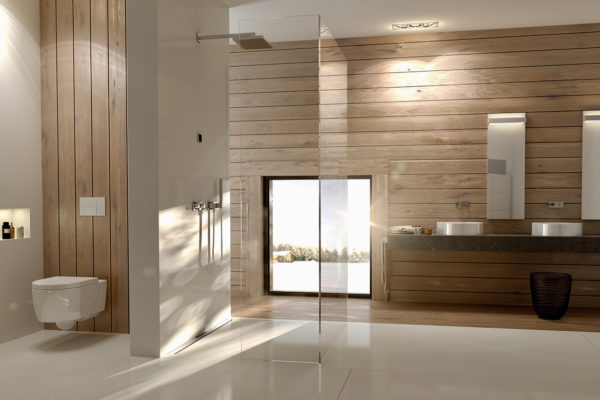 Wooden wall bathroom with glass partition